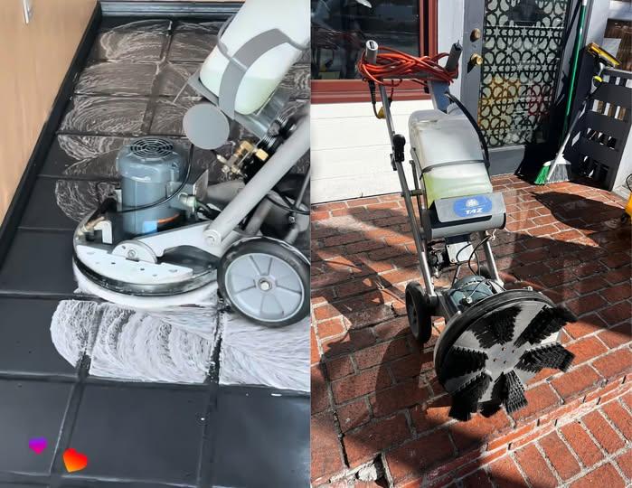 Two professional hard-floor cleaning machines used on tile and brick surfaces