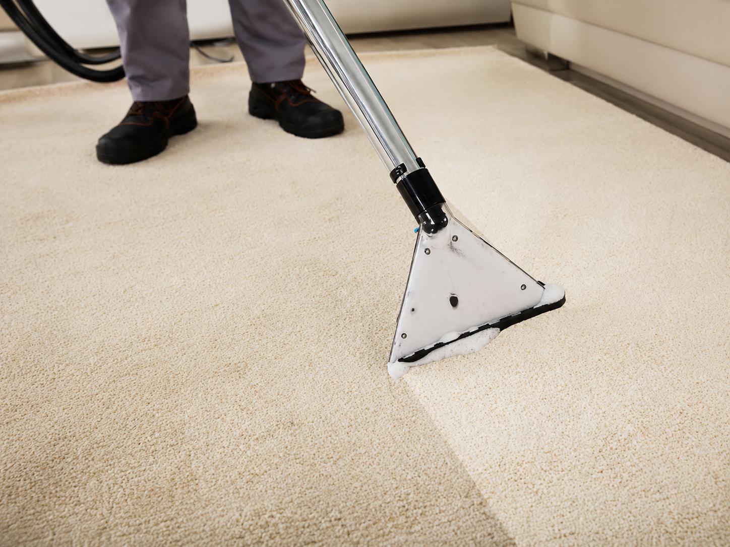 Professional carpet cleaning wand extracting dirt from a light-colored carpet