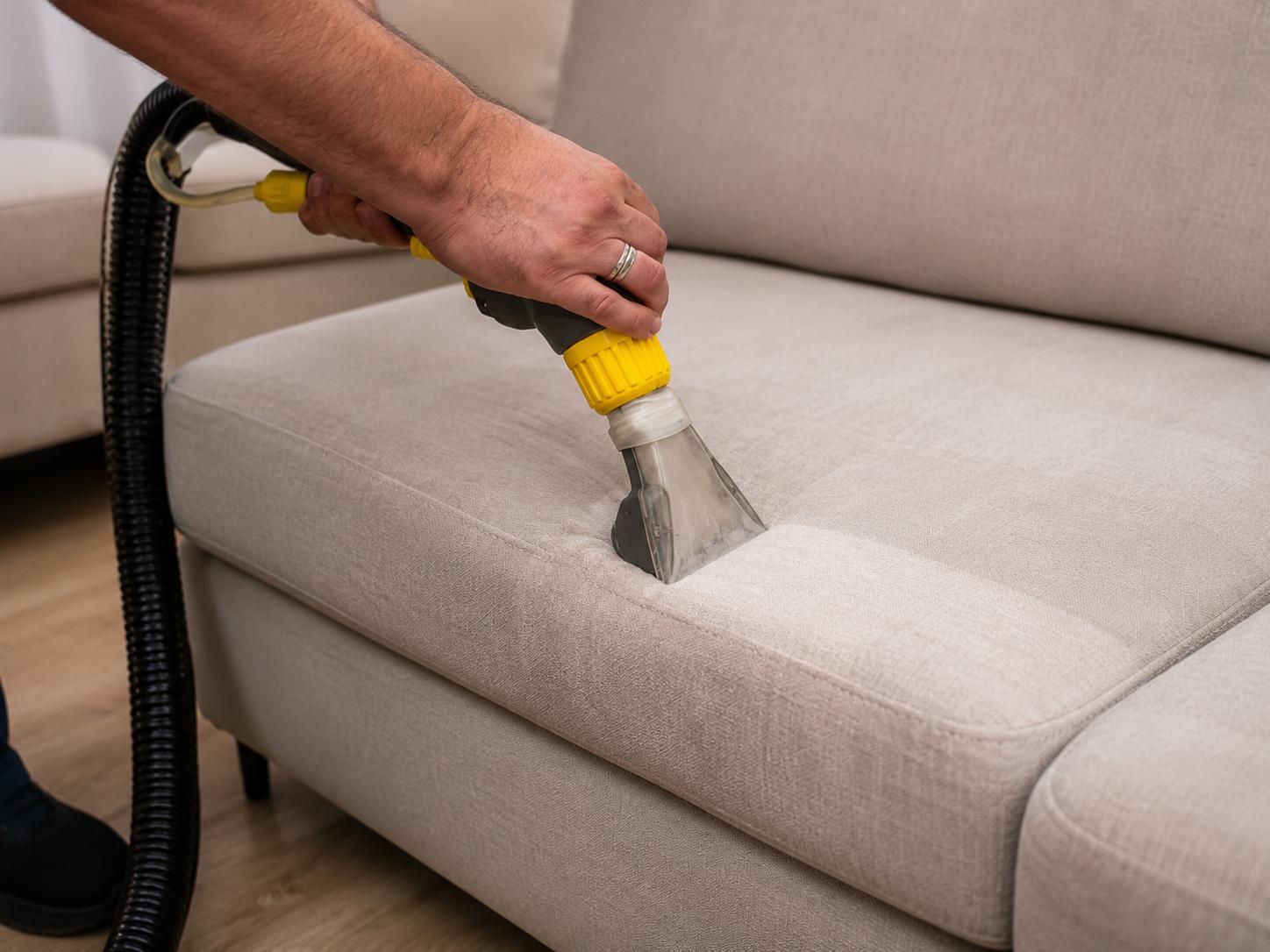 Professional upholstery cleaning extractor cleaning a light beige sofa cushion