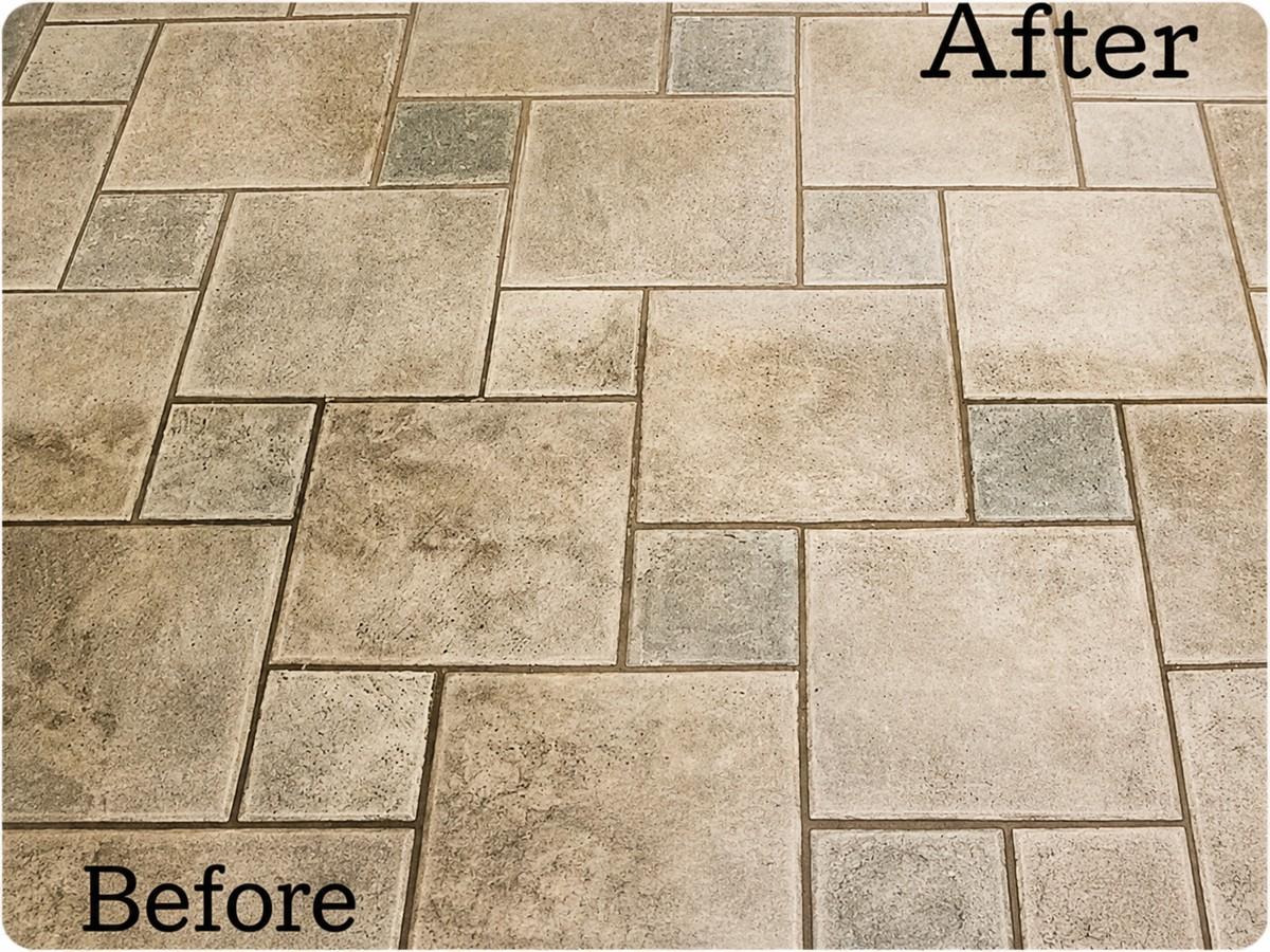 Tile and grout floor showing before-and-after cleaning results