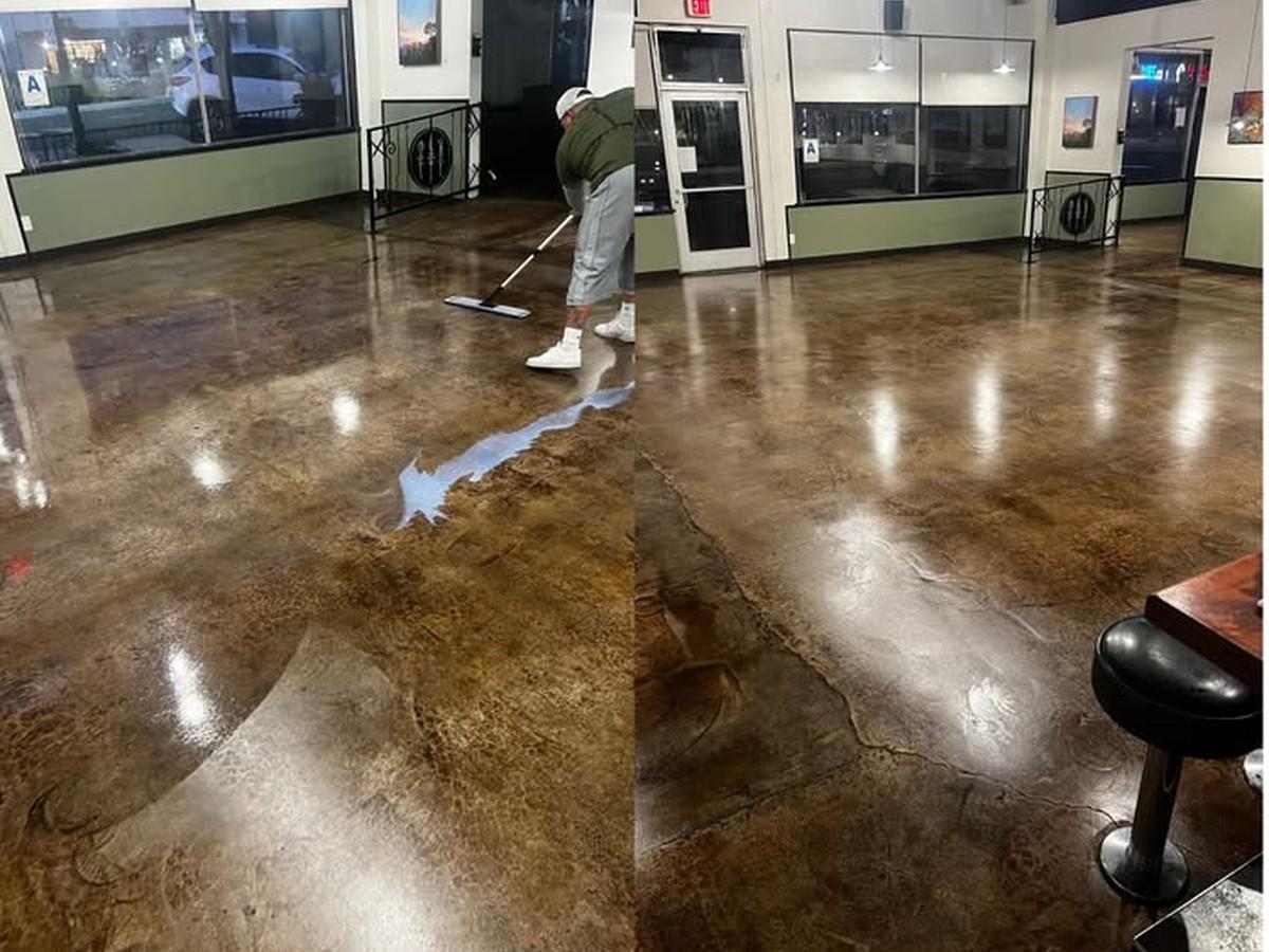Sealed concrete floor showing before-and-after finish application