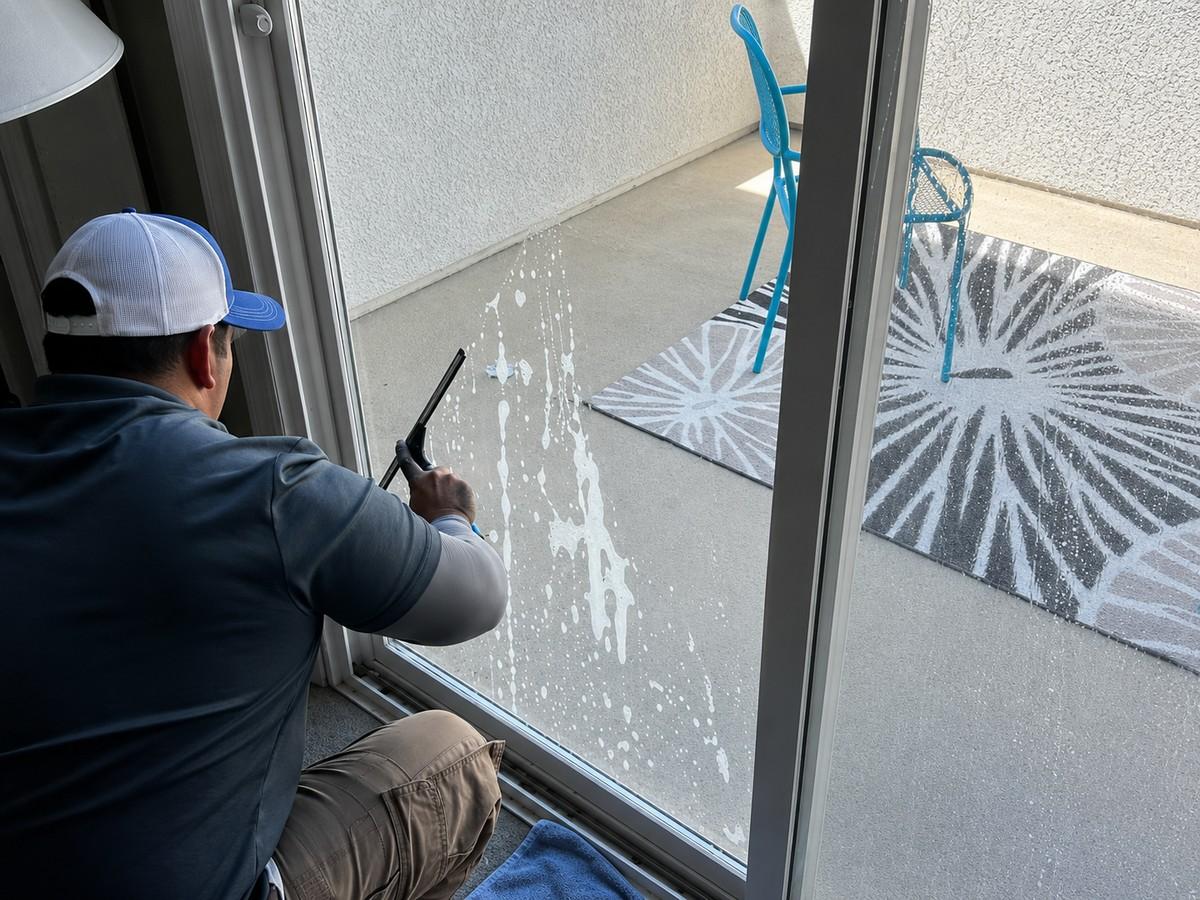 Professional cleaner washing a large glass patio door